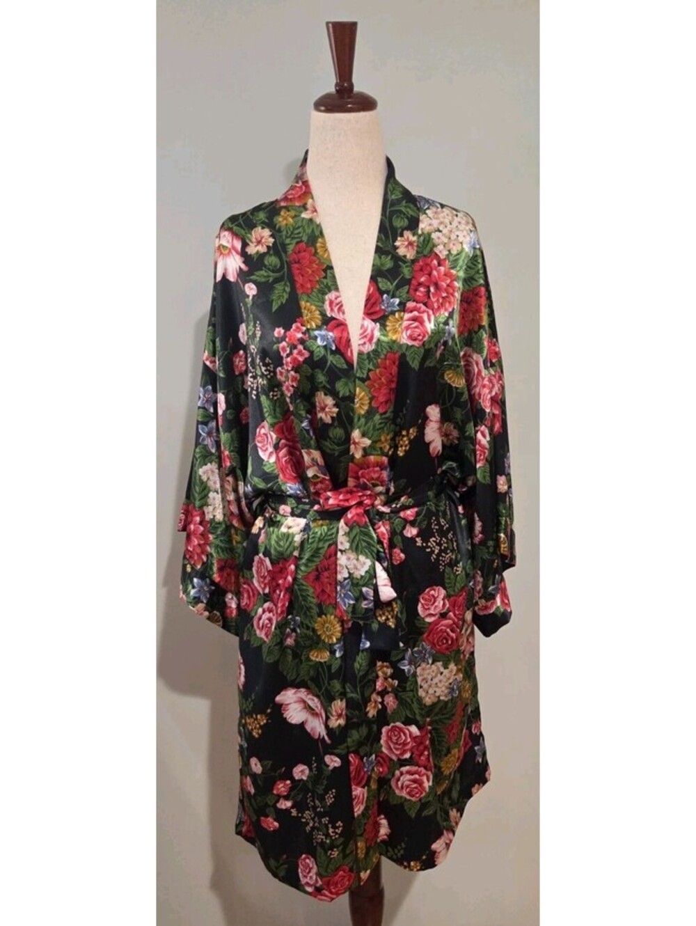Lingerie Cacique Large Floral Robe Vintage Satin Black Pink Red Blue 90s Kimono
